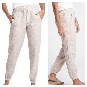 ATHLETA CABO Tide Camo Print 100% Linen Drawstring Zip Pocket Jogger Pant